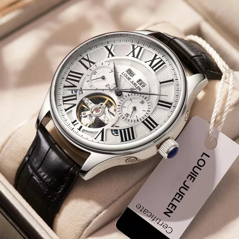 Men's Automatic Mechanical Watch – Skeleton Dial, Roman Numerals, No Battery Needed