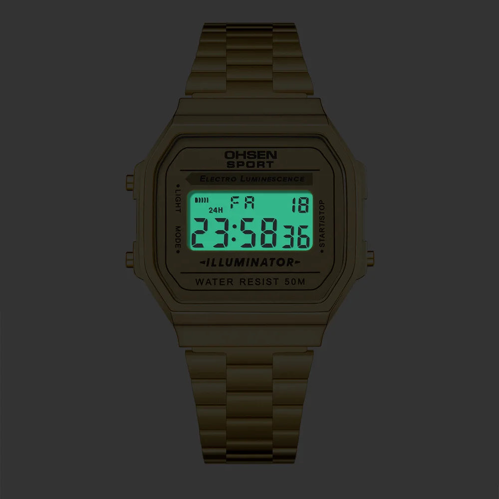 "Luxury Gold Digital Watch for Women – Sporty Stainless Steel, Alarm, LED Display"