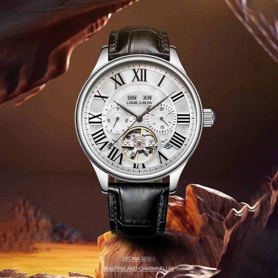 Men's Automatic Mechanical Watch – Skeleton Dial, Roman Numerals, No Battery Needed