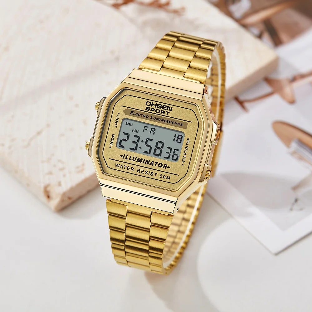 "Luxury Gold Digital Watch for Women – Sporty Stainless Steel, Alarm, LED Display"