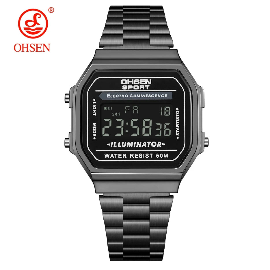 "Luxury Gold Digital Watch for Women – Sporty Stainless Steel, Alarm, LED Display"