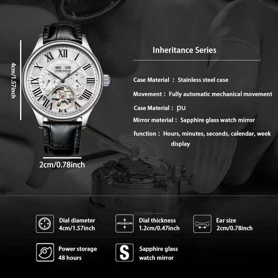 Men's Automatic Mechanical Watch – Skeleton Dial, Roman Numerals, No Battery Needed