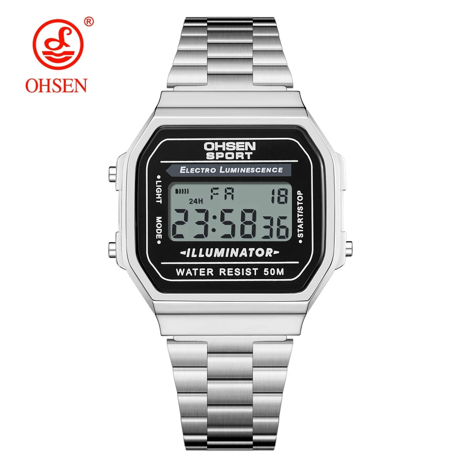 "Luxury Gold Digital Watch for Women – Sporty Stainless Steel, Alarm, LED Display"