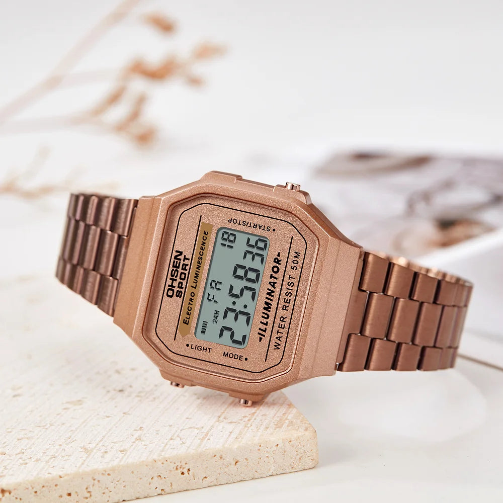 "Luxury Gold Digital Watch for Women – Sporty Stainless Steel, Alarm, LED Display"