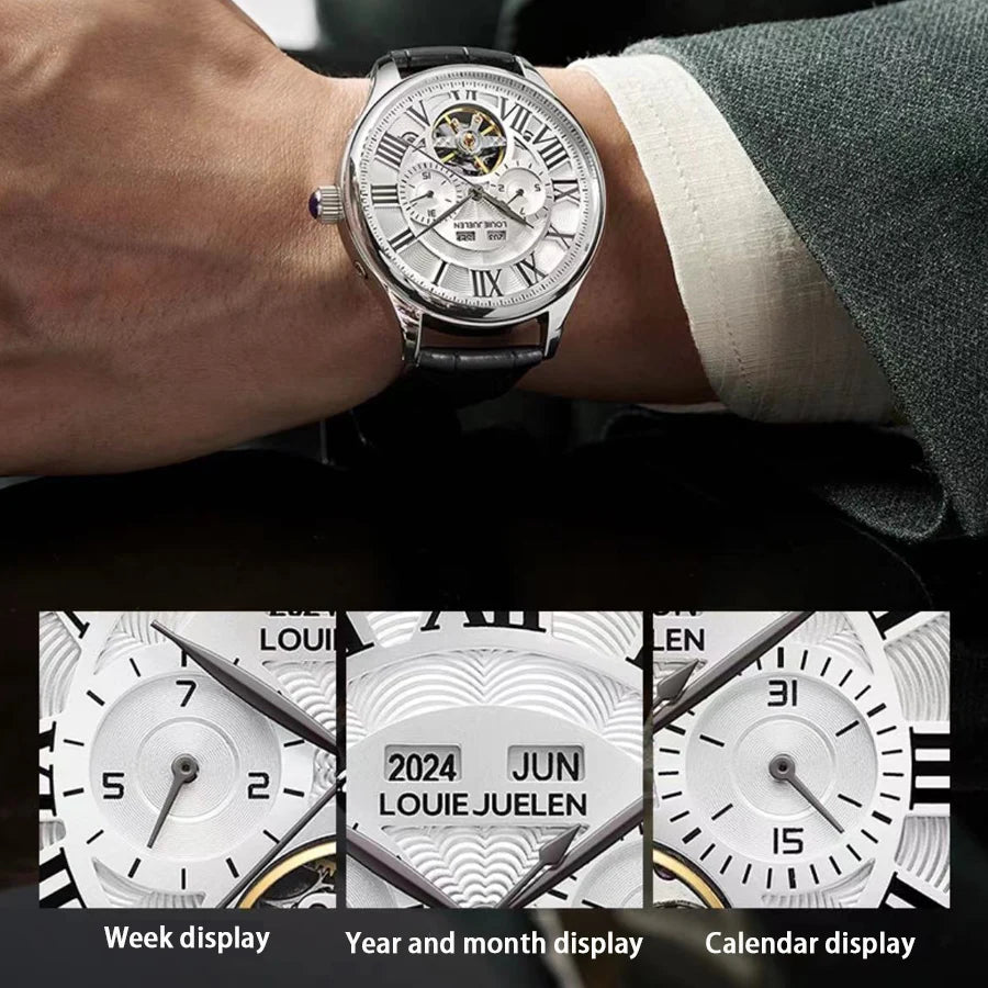 Men's Automatic Mechanical Watch – Skeleton Dial, Roman Numerals, No Battery Needed