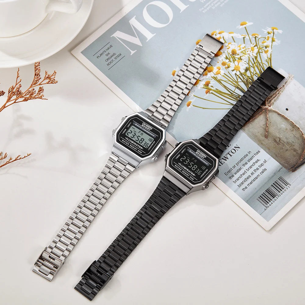 "Luxury Gold Digital Watch for Women – Sporty Stainless Steel, Alarm, LED Display"