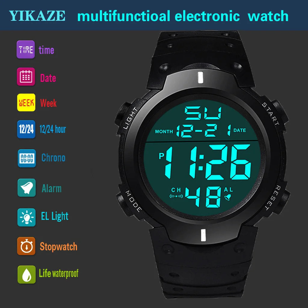 Men’s Waterproof Electronic Sports Watch – Multifunction Fitness Tracker with Luminous Large Screen