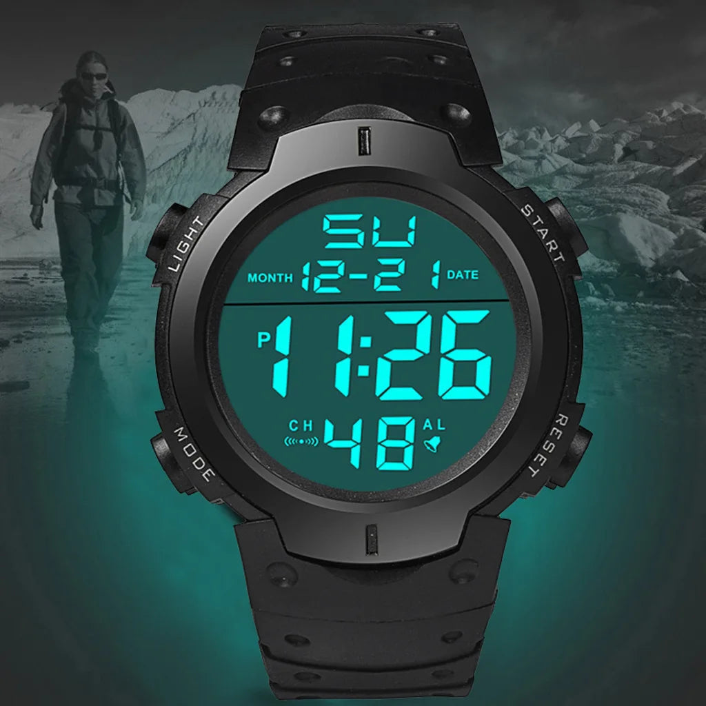 Men’s Waterproof Electronic Sports Watch – Multifunction Fitness Tracker with Luminous Large Screen