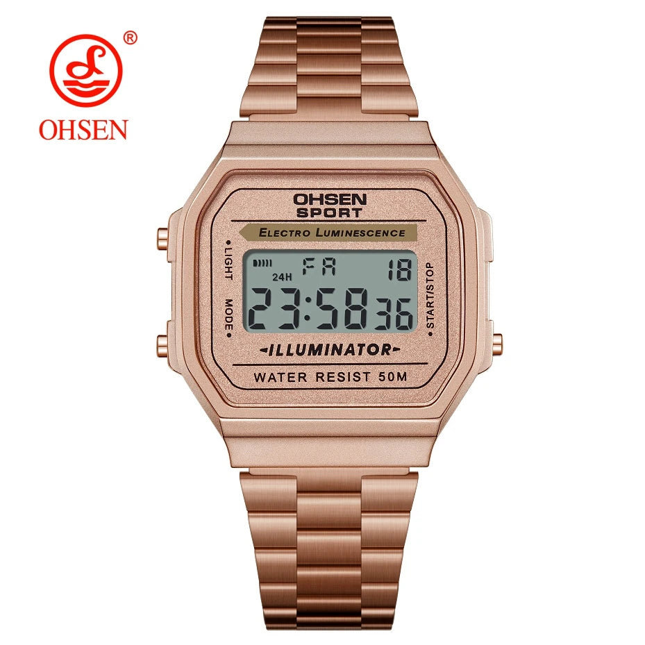 "Luxury Gold Digital Watch for Women – Sporty Stainless Steel, Alarm, LED Display"