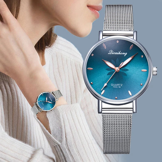 Luxury Women's Watch - Silver Floral Pink Dial Quartz Watch with Metal Bracelet
