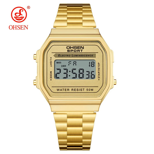 "Luxury Gold Digital Watch for Women – Sporty Stainless Steel, Alarm, LED Display"