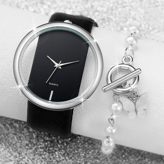 Luxury Women's Watch – Fashion Hollow Dial Leather Strap Quartz Watch